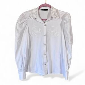 Aleeza Paris White Eyelet Embroidered Blouse Womens S Puff Sleeve Coquette Top